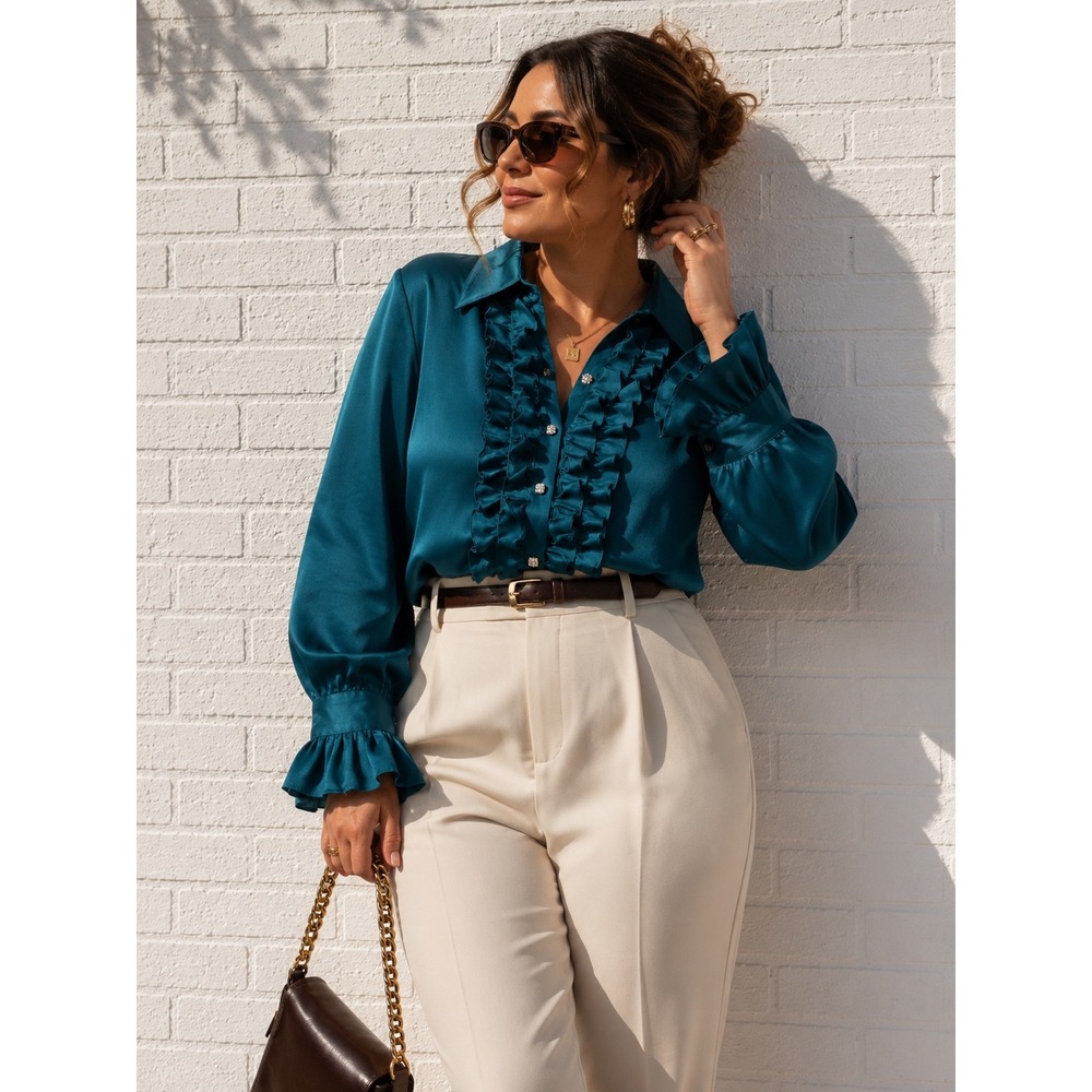 Vintage Talbots Teal Pure‎ Silk Ruffle Blouse Rhinestone Button Up Top 18W